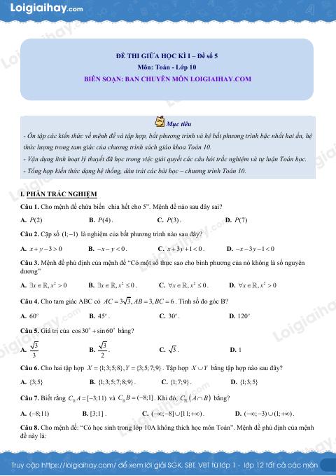 Đề thi giữa kì 1 Toán 10 Kết nối tri thức - Đề số 5